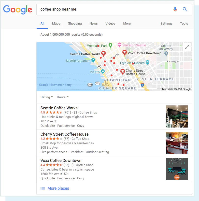 یک اسکرین شات از جستجوی "کافی شاپ نزدیک من" و نتایج SERP محلی