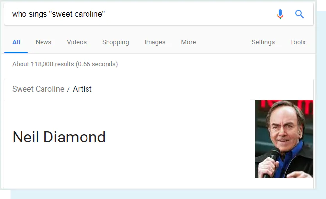 یک اسکرین شات از صفحه ویژه گوگل برای جستجوی "چه کسی کارولین شیرن را خوانده است. (جواب نیل دایموند است)