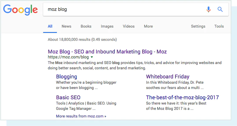 یک اسکرین شات از جستجوی "moz blog" و نتایج SERP