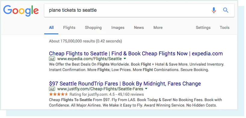 یک اسکرین شات از جستجوی "خرید بلیت هواپیما به سیاتل" و نتایج SERP