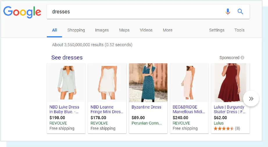 یک اسکرین شات از جستجوی "لباس" و نتایج اسلاید